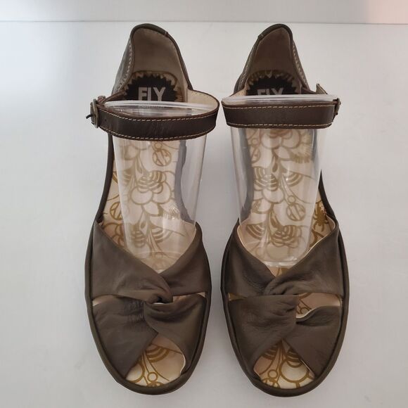 Fly London Yoel Olive Green Leather Lug Sole Peep Toe Wedge Shoes 8 - Picture 6 of 12